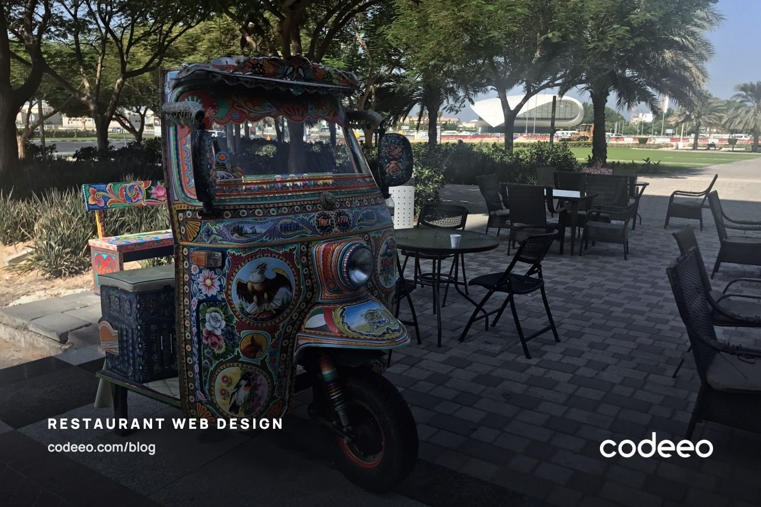 Outdoor cafe terrace beside the Etihad Museum in Dubai